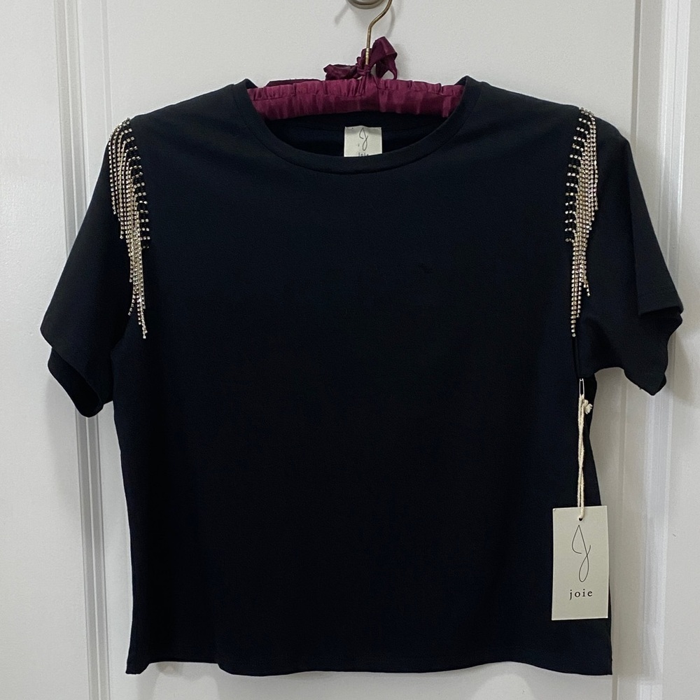 Joie Black Short Sleeve Tee with Rhinestone Shoulder Fringe